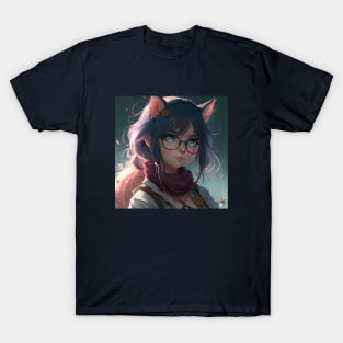 Realistic illustration of woman cat with green eyes in anime style T-Shirt